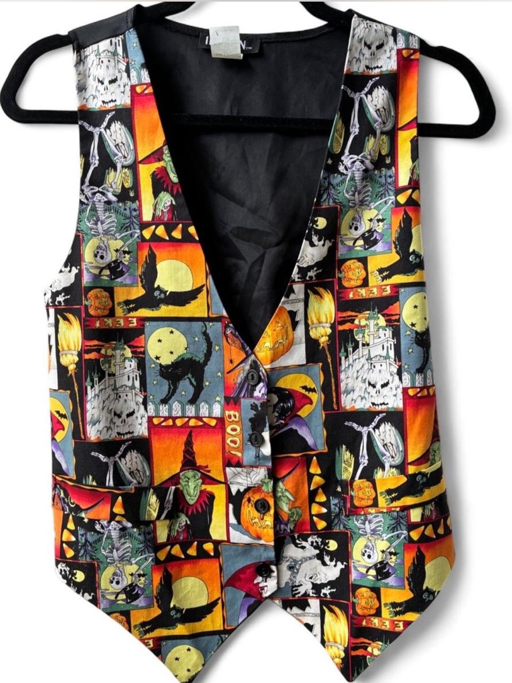 Vintage 111 Main Halloween Patchwork button vest witches skeleton black cat S/M